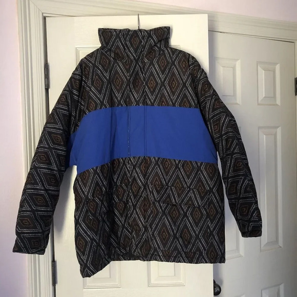 Zara Man Black Color Block Cobalt Blue Aztec Print Puffer Jacket Coat Size Large - Picture 2 of 9